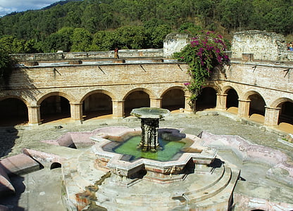 guatemala, antigua, convent, merced, cloister, fountain