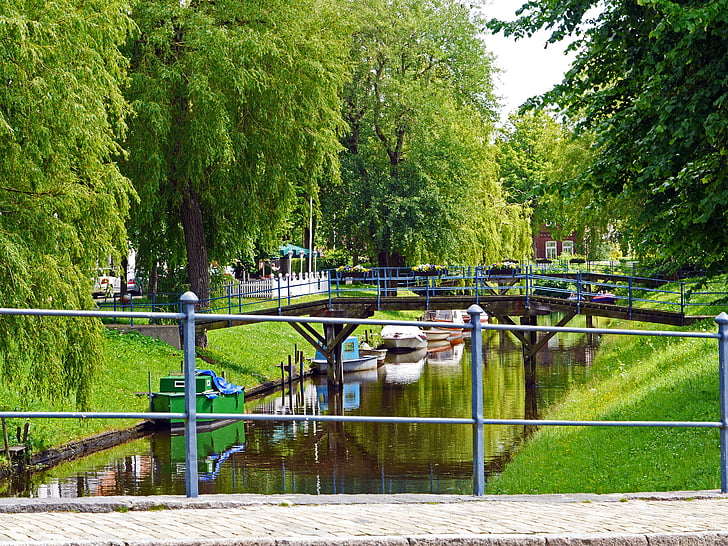 canal, Friedrichstadt, establecimiento holandés, barcos, puentes, exterior de catering, Turismo