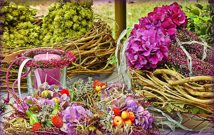 floral decoration, blossoming wreath, hydrangea, flowers, still life, arrangement, table decoration