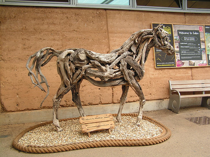 zirgs, Drift wood, māksla, Tēlniecība, Eden projekta, Cornwall, Anglija