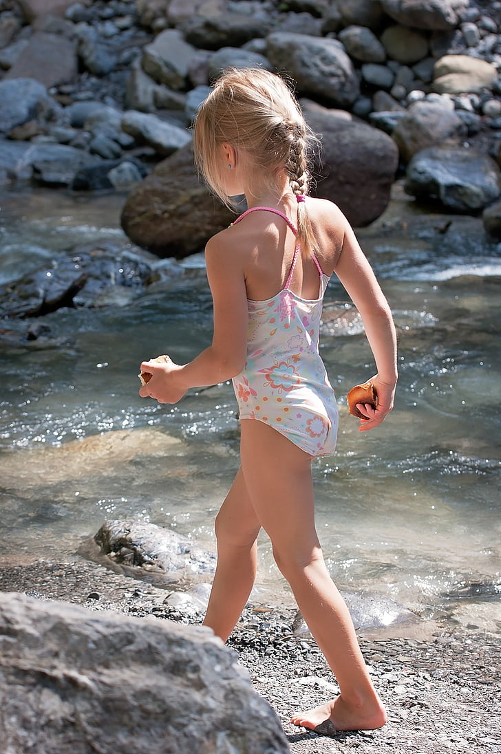 child, girl, blond, bach, water, nature, out