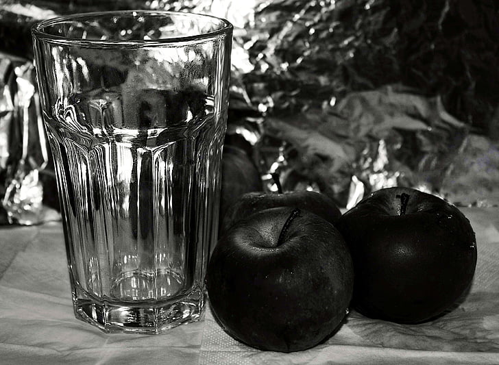 glass, still life, apples, reflection, black and white, emotion
