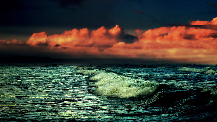 vann, bølger, solnedgang, soloppgang, himmelen, hav, Splash