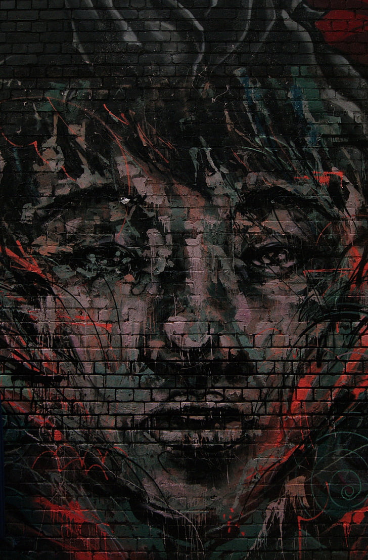 graffiti, street art, face, dark, grey, red, portrait