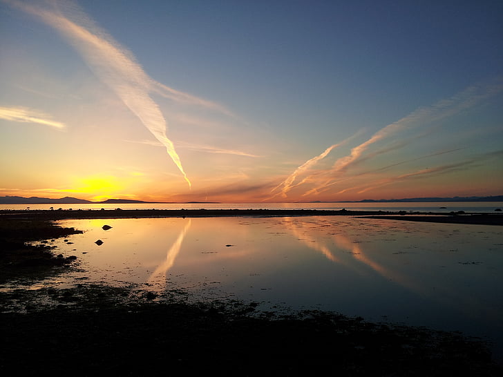 zonsondergang, Qualicum strand, Vancouver island, strand, Oceaan, reflectie, scenics