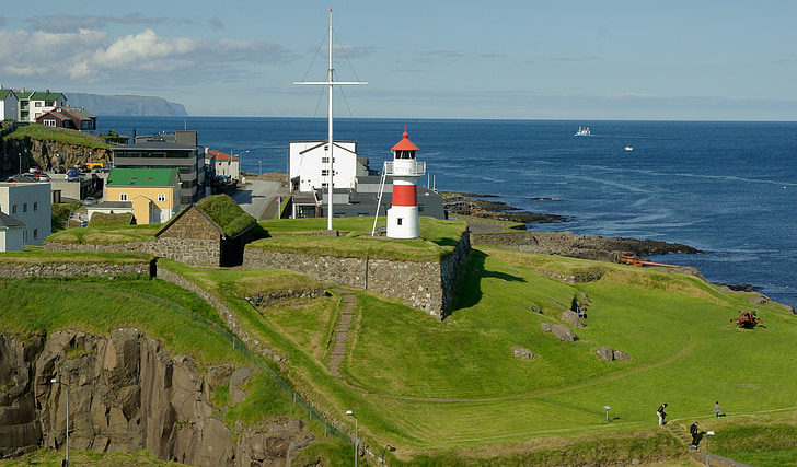 faroes, port, lighthouse, cliff