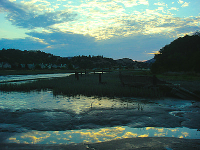 water, low tide, reflection, clouds, sunset, evening, landscape
