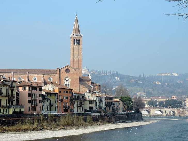 Verona, rivier, Adige, landschap, kerk, Campanile, water