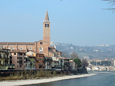 verona, river, adige, landscape, church, campanile, water