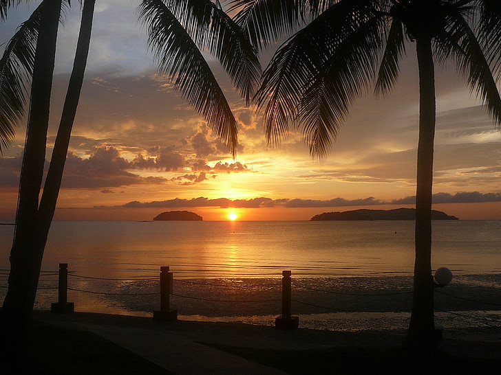 zonsondergang, Borneo, water, strand, zomer, Oceaan, wolk