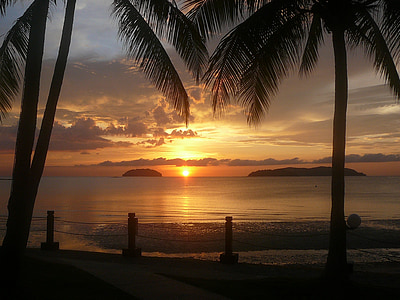 solnedgang, Borneo, vann, stranden, Sommer, hav, skyen