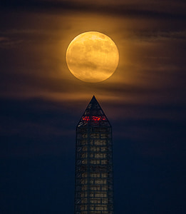 supermoon, 完全, 近地点, 夜, ワシントン記念塔, 輝く, 明るい