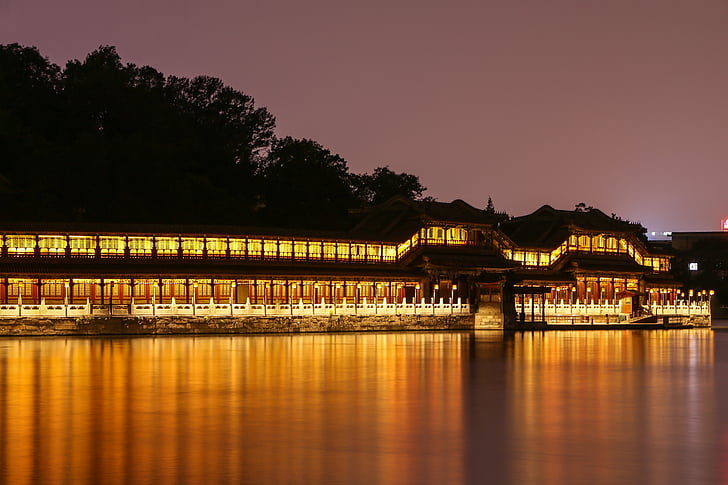 Peking, Severno morje, nočni pogled, svetlobe, mejnik, jezero, luči