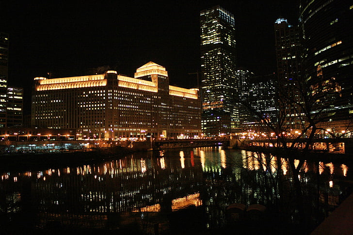 Chicago, Chicago natten, natt, Chicago-elven, refleksjon, arkitektur, skyline