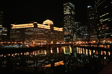 Чикаго, Чикаго в ночное время, ночь, Река Чикаго, отражение, Архитектура, Скайлайн