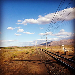 train, sky, clouds, desert, rail, railway, travel