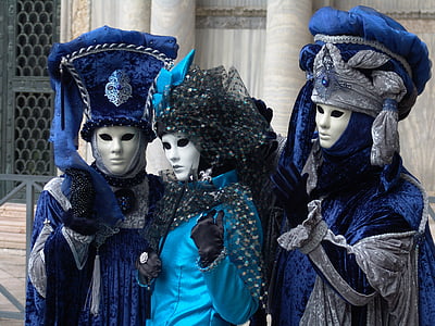 Venedig, Italien, Carnival, två personer, huvudbonader, blå, huvudbonad