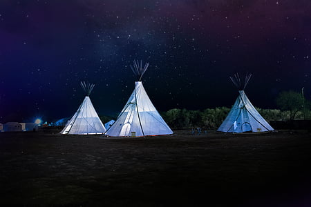 adventure, camp, milky way, night, stars, teepee, tents