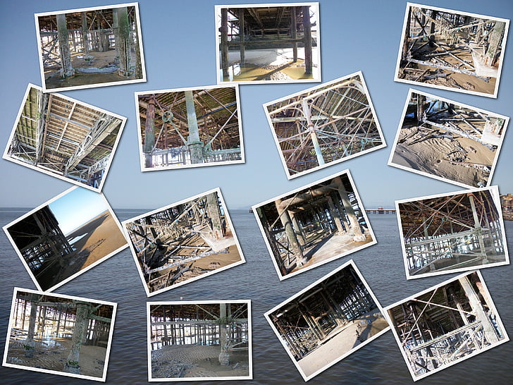 Collage, central, muelle, Blackpool, metal, corroído