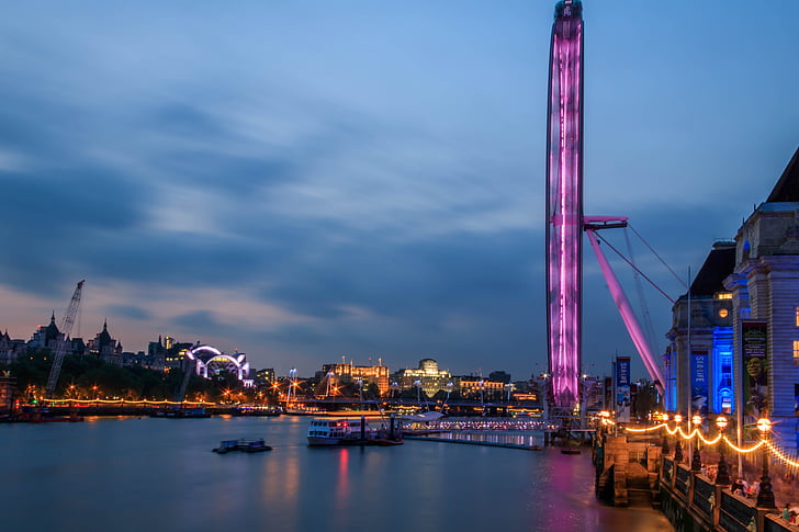 London eye, rieku Temža, Londýn za súmraku, modrá s, Londýn, rieka, Thames