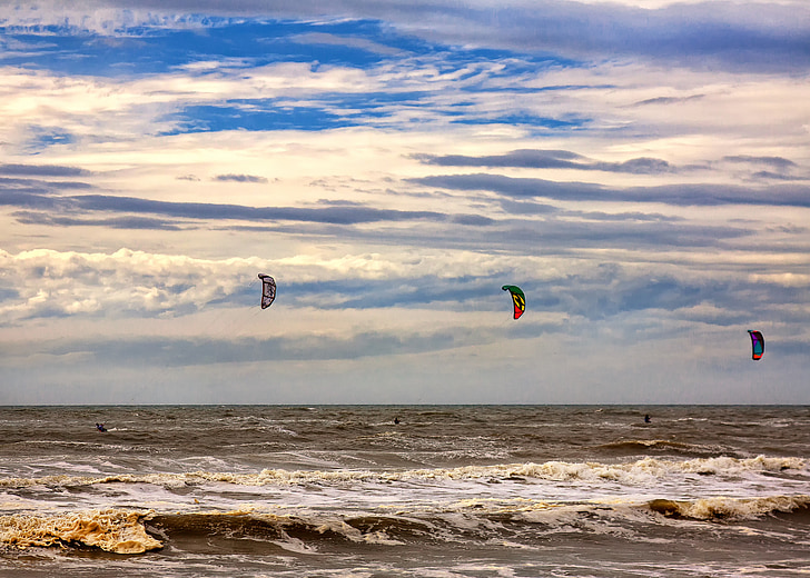 Kitesurfer, kitesurf, dracs, esport, Mar, Mar del nord, posta de sol