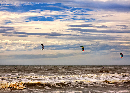 kitesurfer, kitesurfing, smoki, Sport, morze, Morza Północnego, zachód słońca