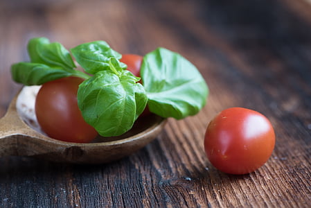 pomidory, małych pomidorów, czerwony, bazylia, zielony, przyprawa, zioła