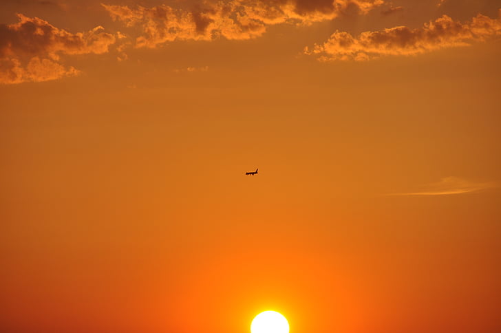 sunset, evening sky, afterglow, bright, light, flying, airplane