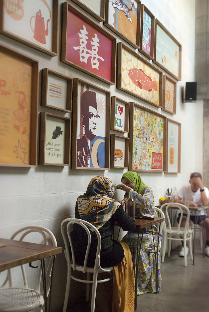 café-restaurant, écharpe, musulmane, discussion, Kuala lumpur, coloré