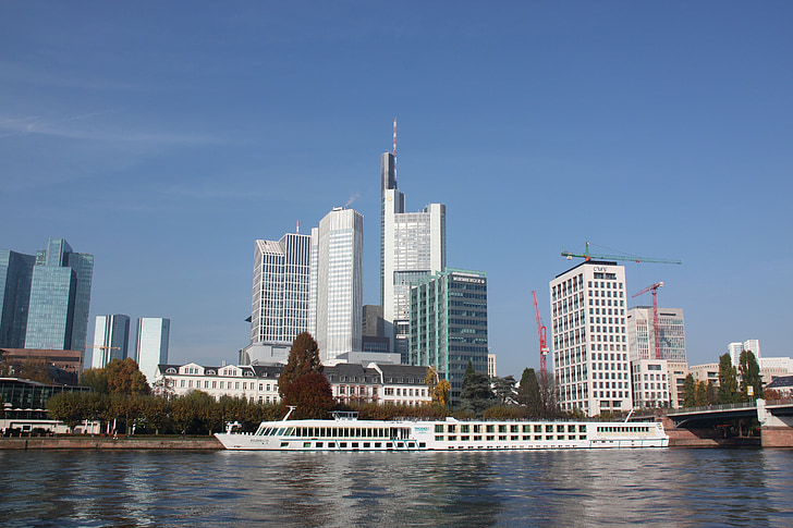 Frankfurt, skyline, Frankfurt am main Tyskland, elven, Bridge, landskapet, elvelandskapet