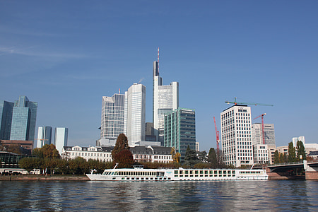 Frankfurte pie Mainas, siluets, Frankfurtē pie Mainas Vācijā, upes, tilts, ainava, upes ainava