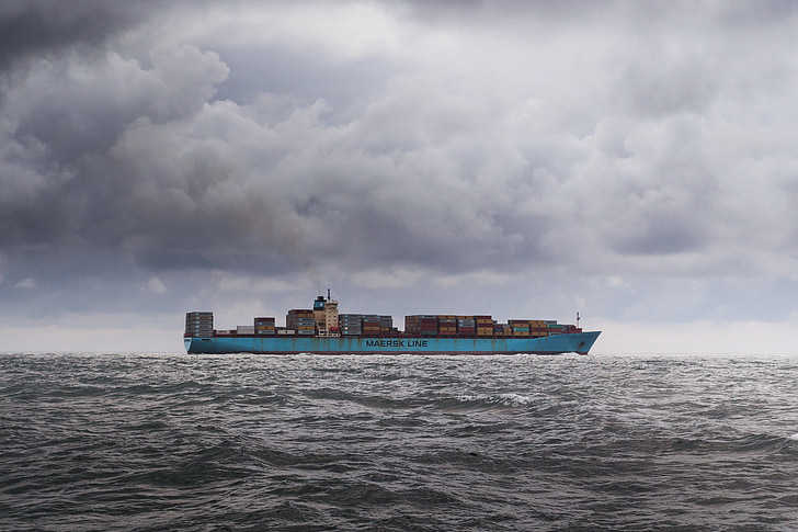 container, ship, sky, clouds, dark, weather, raining