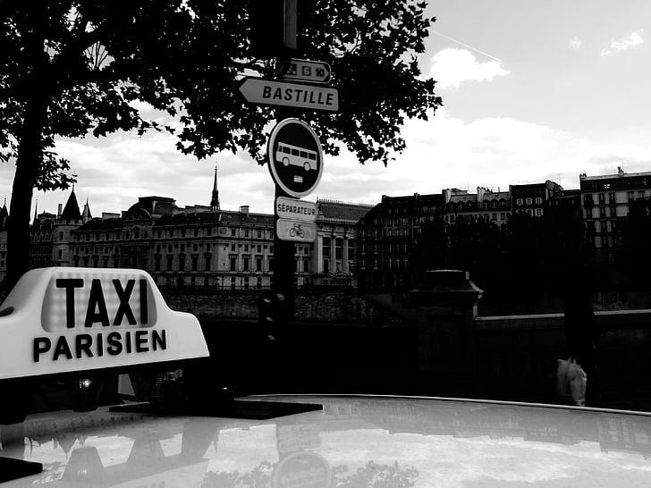 taksi, moko, Paryžius, kryptimi, viešasis transportas, juoda ir balta