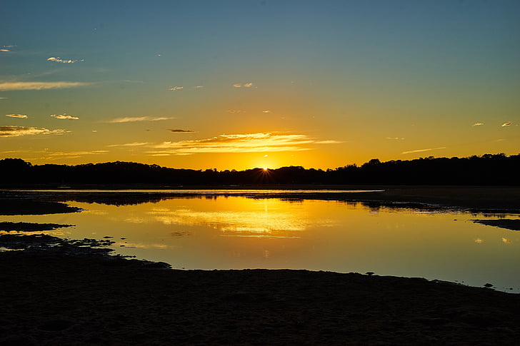 jezero, Západ slunce, krajina, obloha, Příroda, reflexe, Horizont