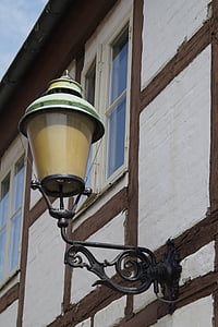 bandagist, fachwerkhaus, lanterne, lampe, lys, hjem, bygning