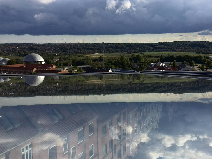 núvols, finestra, ciutat, cúpula, reflexió, paisatge, camps
