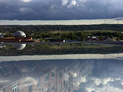 clouds, window, city, dome, reflection, landscape, fields
