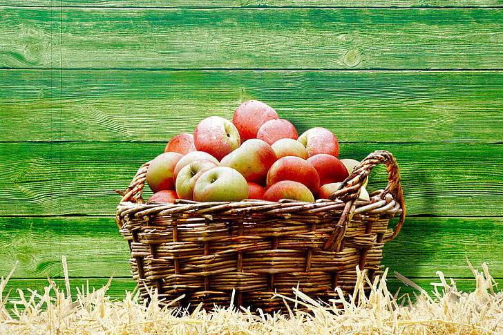 görüntü, sepet, elma, saman