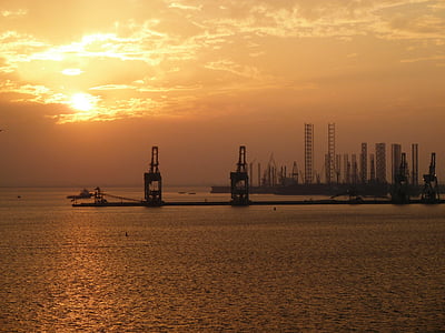 Bahreina, saulriets, rūpniecība, abendstimmung, siluets, krēslas, noskaņojums