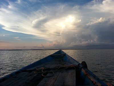 boat, clouds, ocean, sea, sunset, water