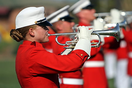 trumpeters, marines, performance, blowing, trumpet, horn, brass