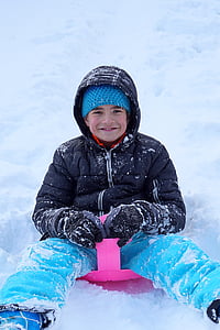 Anak laki-laki, Toboggan, Bob, berkendara, salju, pemandangan, olahraga musim dingin