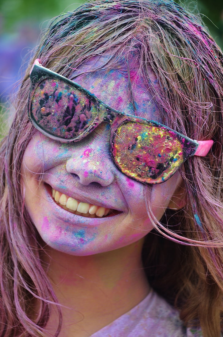 colorful, colourful, festival, girl, happy, paint, party