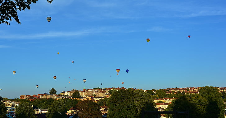 Aerostati di aria calda, blu, cielo, Bristol, architettura, palloncini, Inghilterra