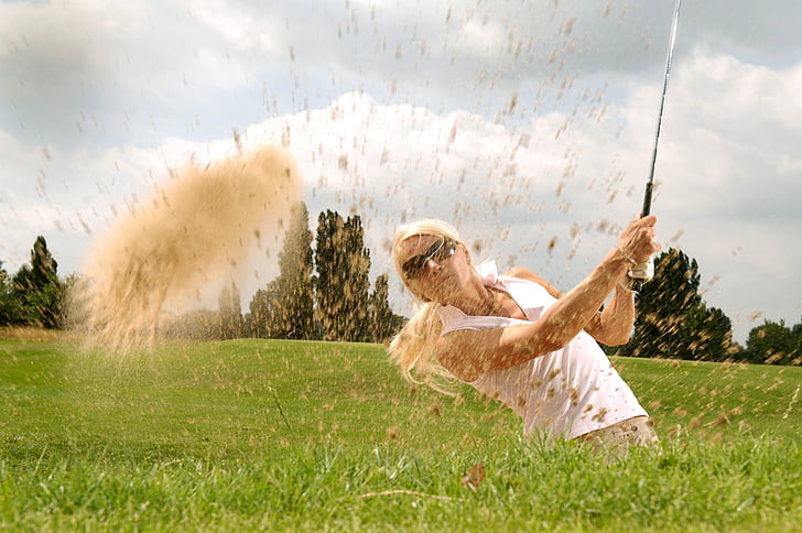 woman, wearing, white, shirt, playing, golf, green