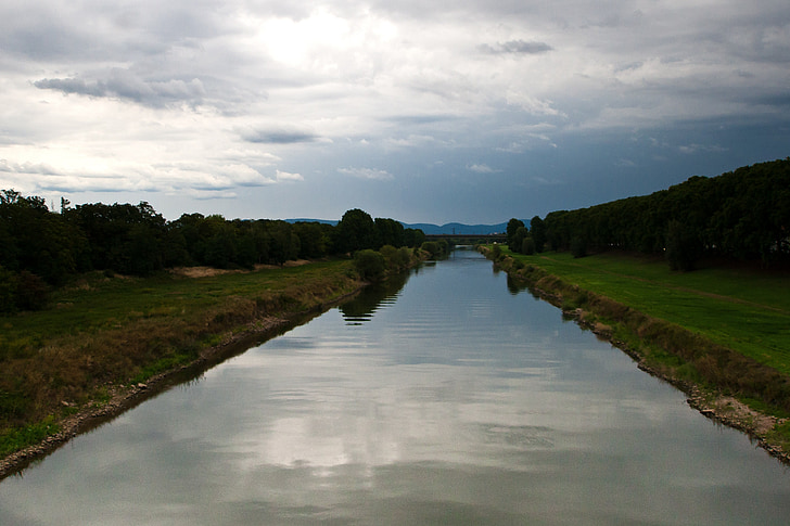 canal, Mannheim, Neckar, nuvens, reflexo de água