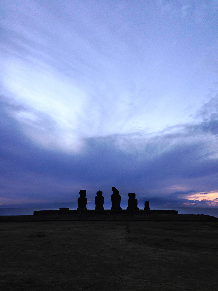 easter island, moai, morning, stone statues, silhouette