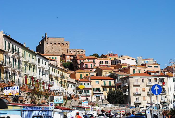 Malcesine, kikötőváros, Olaszország, Garda, Port, Sky, kék
