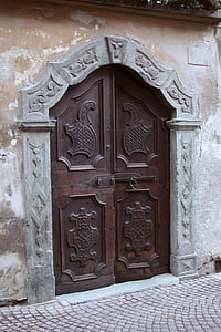 deur, hout, oude, oude, muur, houten deur, ingang