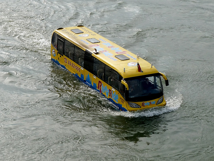 Rzeka, Autobus, Łódź, pływające, taksówką, rzeką, jeździć